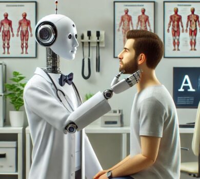 AI doktor - umelá inteligencia vyšetruje pacienta v nemocnici.