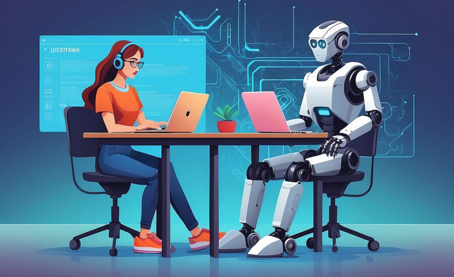 Ilustrácia človeka a robota sediacich pri stole, pracujúcich na laptopoch, symbolizujúca spoluprácu medzi ľuďmi a umelou inteligenciou v online vzdelávaní.