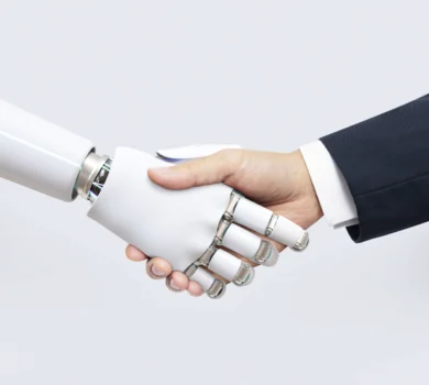 Ai robot si podáva ruku s podnikateľom