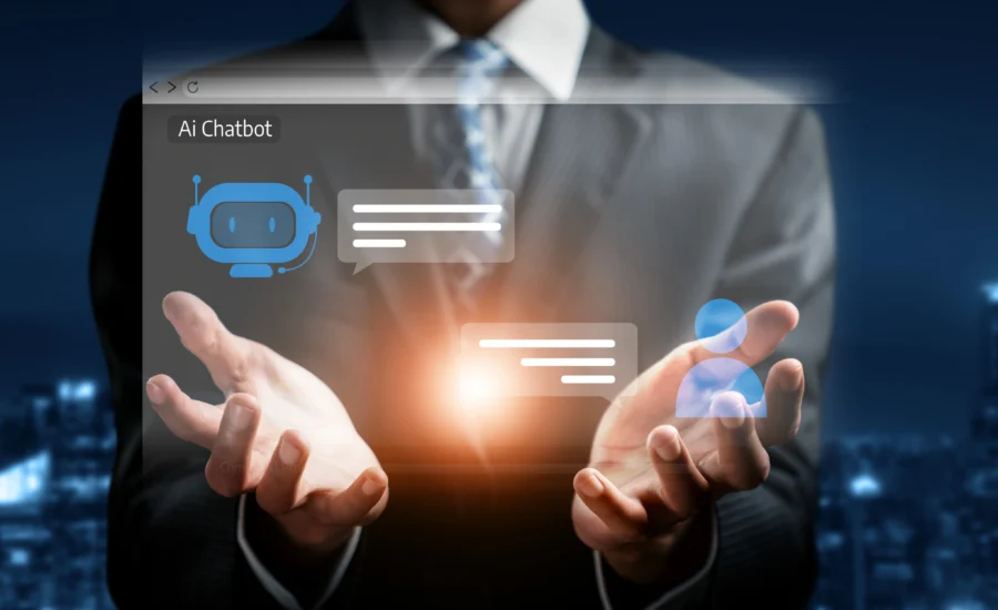 Ilustrácia muža v obleku, ktorý drží holografické rozhranie so symbolmi AI chatbota a komunikácie, s efektom svetla v strede.