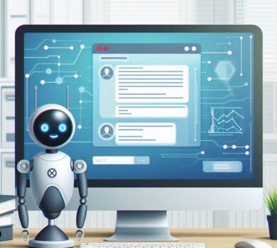 Virtuálny asistent alebo chat-bot poskytujúci technickú podporu používateľovi. Počítačová obrazovka s otvoreným oknom chatu, kde digitálny asistent odpovedá na otázky alebo poskytuje riešenie technického problému. Na pozadí je moderná kancelária alebo jednoduché prostredie symbolizujúce technologické prostredie. Asistent má priateľskú a profesionálnu grafiku, zdôrazňujúcu jednoduchý a efektívny proces technickej podpory.