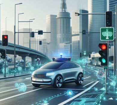 Autonómne vozidlo na moderných mestských cestách, obklopené dopravnou infraštruktúrou podporujúcou technológie umelej inteligencie. Vozidlo je vybavené senzormi, kamerami a radarovými prvkami na zaistenie bezpečnej jazdy. V pozadí je futuristický mestský krajinný dizajn, ktorý podporuje efektívnu dopravu s inteligentnými semaformi a dopravnými značkami. Atmosféra vyjadruje technológie, ktoré budú formovať slovenské cesty a dopravu v budúcnosti.