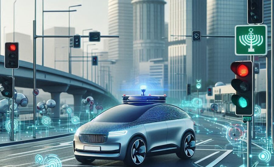 Autonómne vozidlo na moderných mestských cestách, obklopené dopravnou infraštruktúrou podporujúcou technológie umelej inteligencie. Vozidlo je vybavené senzormi, kamerami a radarovými prvkami na zaistenie bezpečnej jazdy. V pozadí je futuristický mestský krajinný dizajn, ktorý podporuje efektívnu dopravu s inteligentnými semaformi a dopravnými značkami. Atmosféra vyjadruje technológie, ktoré budú formovať slovenské cesty a dopravu v budúcnosti.