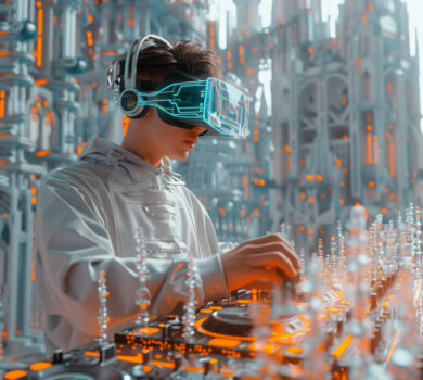 Osoba s futuristickými okuliarmi a slúchadlami stojí za mixážnym pultom, osvetlená oranžovými svetlami, s komplexnou architektúrou v pozadí.