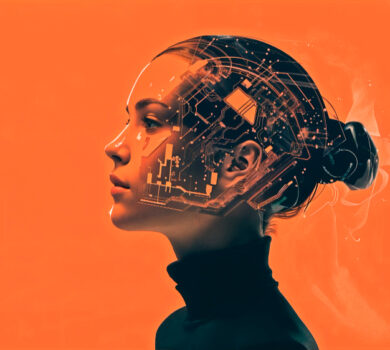 Digitálna ilustrácia osoby s obvodmi v hlave, na oranžovom pozadí. Symbolizuje fúziu človeka a technológie. Ideálne pre témy AI, neurovied a kybernetiky.