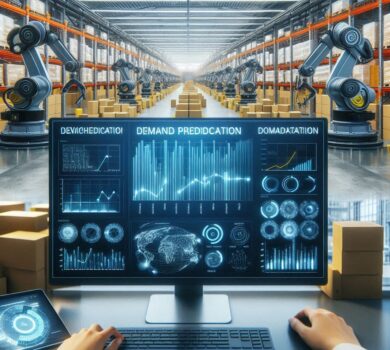 Moderný sklad alebo výrobná linka s robotickými ramenami a obrazovkou zobrazujúcou grafy predikcie dopytu. Na monitore sú vizualizácie dát, zobrazujúce analýzu dopytu po produktoch, spolu s grafmi o sezónnych trendoch a predajoch. V popredí je osoba (manažér alebo dátový analytik), sledujúca tieto dáta v reálnom čase, zatiaľ čo v pozadí je sklad plný tovaru pripraveného na distribúciu. Atmosféra vyjadruje technologickú pokročilosť a efektivitu v predikcii dopytu.