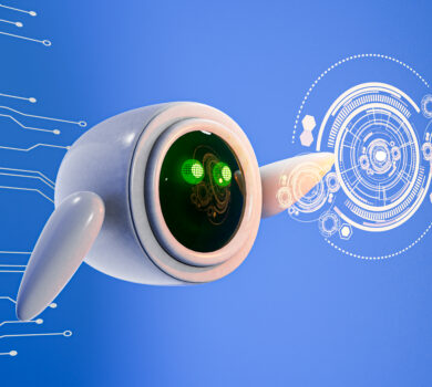 3D zobrazenie futuristického biorobota s hladkým, bielym povrchom a veľkými zelenými očami. Robot má krátke, krídlovité ramená a je na modrom pozadí. Oko robota obsahuje digitálne vzory a na pravej strane obrazu sú holografické prvky rozhrania pripomínajúce futuristické ovládacie panely.