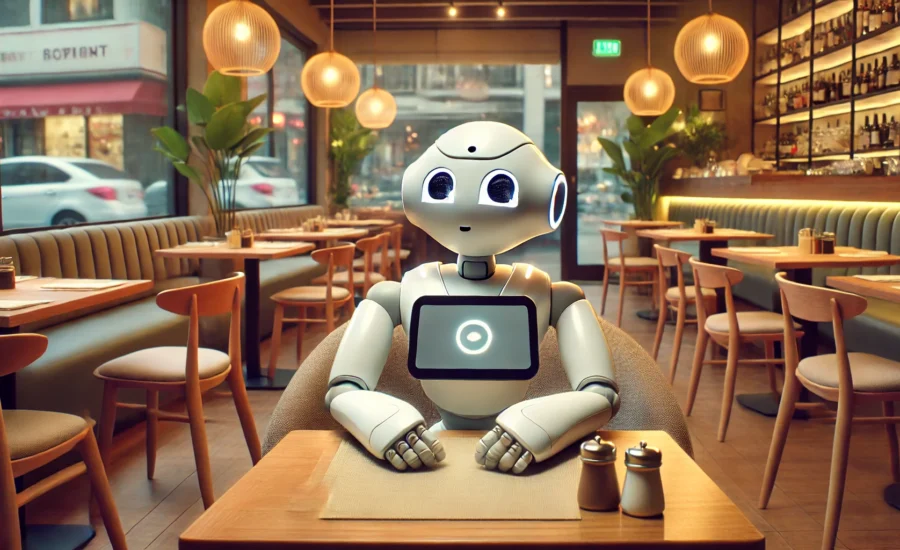 AI robot sedí v reštaurácii, komunikuje so zákazníkmi a pomáha s rezerváciami a objednávkami.
