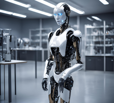 Robot v modernom laboratóriu ukazujúci pokročilé technologické inovácie a možnosti umelej inteligencie v praxi.