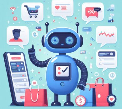 Ilustrácia chat-bota, ktorý pomáha zákazníkovi pri online nákupe, odpovedá na otázky a poskytuje odporúčania produktov, čím zlepšuje nákupný zážitok a zvyšuje konverzie v e-commerce.