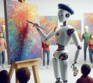 Tento alternatívny text popisuje scénu, kde robot drží štetec a paletu a maľuje na plátne. V pozadí sú ľudské postavy, ktoré sledujú túto situáciu, čo naznačuje umeleckú výstavu alebo hodinu výtvarnej výchovy.