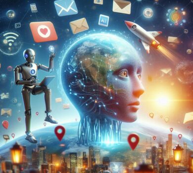Digitálne zobrazenie obrovskej ľudskej hlavy so svetom zakomponovaným do jej povrchu, symbolizujúce umelú inteligenciu a globálnu sieť. Po okolí sa vznášajú ikony e-mailov, srdiečok, rakiet a GPS symbolov, čo predstavuje digitálnu komunikáciu a prepojenie. Vedľa hlavy stojí robot s notebookom, čo naznačuje úlohu AI v riadení digitálnych procesov. Na pozadí je moderné mesto, zatiaľ čo ľudia sledujú technologické novinky.