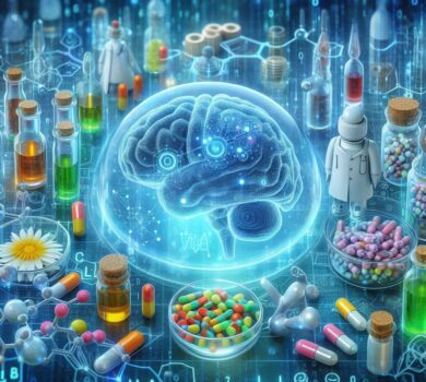 Digitálne vytvorený obraz zobrazujúci futuristickú laboratórnu scénu. Uprostred sa nachádza priehľadný holografický model mozgu, obklopený rôznymi vedeckými nástrojmi, farebnými chemickými fľaštičkami, kapsulami, pilulkami a skúmavkami. Miniatúrne robotické postavy v bielych laboratórnych plášťoch sú rozmiestnené po scéne, čo zdôrazňuje tému pokročilého lekárskeho výskumu, biotechnológií a farmaceutík. Pozadie zobrazuje svietiace vedecké symboly a vzorce, ktoré vytvárajú dojem vysokotechnologického prostredia.