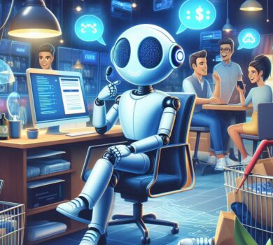 Priateľský robot s veľkými, svietiacimi očami sedí pri počítači a drží telefón pri uchu, vyzerá zamyslene. V pozadí traja ľudia diskutujú, nad nimi sa vznášajú holografické ikony, ktoré reprezentujú technológie, financie a komunikáciu. Prostredie je futuristická kancelária s kombináciou ľudskej a robotickej interakcie.