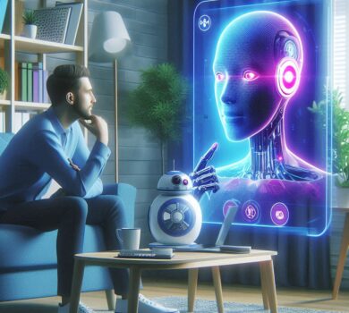 Muž sedí na pohovke a pozerá na holografický obraz robota s ľudskou tvárou, ktorý sa premieta do vzduchu. Vedľa neho na stole stojí malý robot, čo vytvára atmosféru interakcie človeka s umelou inteligenciou a modernými technológiami v domácom prostredí.