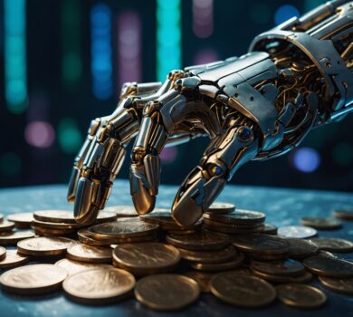 Mechanická ruka robota zbiera zlaté mince zo stola. Detailná mechanika rúk s kovovými súčiastkami a kĺbmi je v popredí, pričom pozadie zdobia farebné svetlá, ktoré pridávajú futuristický vzhľad