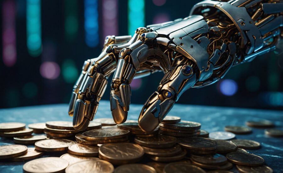 Mechanická ruka robota zbiera zlaté mince zo stola. Detailná mechanika rúk s kovovými súčiastkami a kĺbmi je v popredí, pričom pozadie zdobia farebné svetlá, ktoré pridávajú futuristický vzhľad