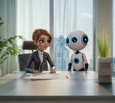 Na obrázku je humanoidný robot sediaci pri stole s rukami na klávesnici. Pozera sa na obrazovku počítača, na ktorej sú zobrazené rôzne futuristické rozhrania, vrátane priehľadnej hlavy symbolizujúcej umelej inteligencie. Okolo robota sú viditeľné grafy a diagramy, čo naznačuje zameranie na analýzu údajov alebo technológie