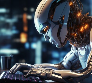 Na obrázku je humanoidný robot s bielym telom a modrými doplnkami, stojaci za malým nákupným vozíkom naplneným rôznymi malými predmetmi, ktoré pripomínajú potraviny. Robot má dve veľké, výrazné oči a zdá sa, že sa pozerá na diváka. Pozadie je gradientom modrej a bielej, čo naznačuje čisté a moderné prostredie.