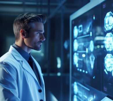 Osoba v bielom laboratórnom plášti stojí pred veľkou obrazovkou plnou technických a vedeckých schém. Modré osvetlenie obrazovky vytvára futuristickú atmosféru, ktorá naznačuje pokročilý výskum v oblastiach ako medicína, biotechnológia alebo informatika
