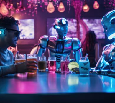 "Scéna v nočnom klube s futuristickým nádychom, kde sedia dvaja roboti a človek pri stole s nápojmi, osvetlené farebnými svetlami.