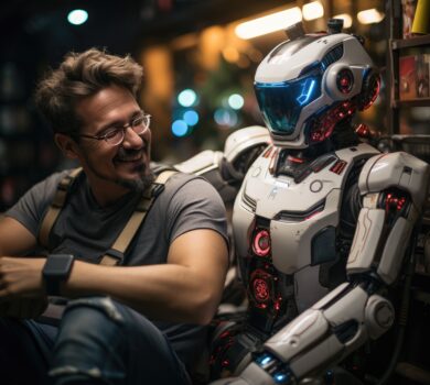 Muž sediaci vedľa robota s futuristickým dizajnom, s červeným a modrým osvetlením, v teple osvetlenom prostredí.