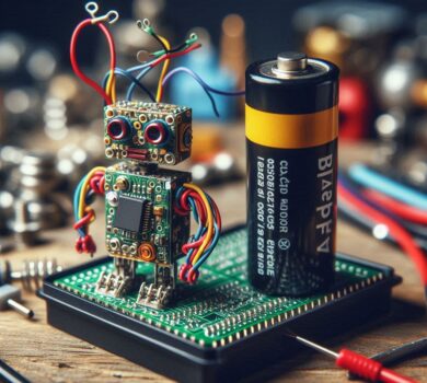 Robot z elektronických súčiastok stojí na doske plošných spojov vedľa batérie. V pozadí sú nástroje a elektronické súčiastky.