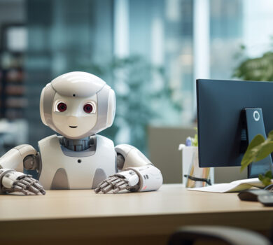 Humanoidný robot sedí pri stole s počítačom v kancelárii. Má biely exteriér s čiernymi akcentmi a kĺbové prsty. Na stole sú ceruzky, fixky a kvetináč. V pozadí sú sklenené okná a vnútorná rastlina.