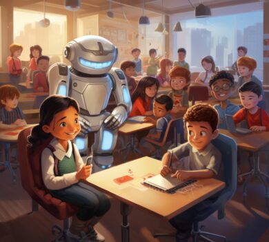 Robot s futuristickým dizajnom interaguje s deťmi v triede. Študenti sedia pri laviciach a používajú notebooky. Príjemné osvetlenie z veľkých okien dodáva triede jasný a priateľský vzhľad.