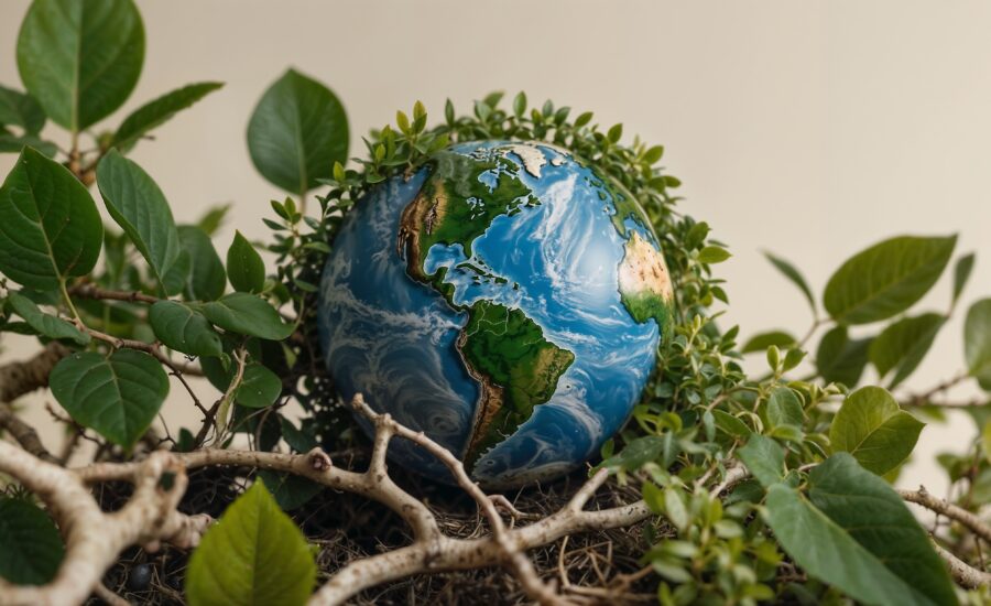 Model Zeme obklopený zelenými listami a vetvami, symbolizujúci prírodu a starostlivosť o životné prostredie.