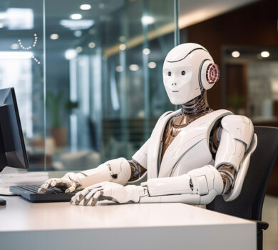 Na obrázku je humanoidný robot sediaci pri stole s rukami na klávesnici. Pozera sa na obrazovku počítača, na ktorej sú zobrazené rôzne futuristické rozhrania, vrátane priehľadnej hlavy symbolizujúcej umelej inteligencie. Okolo robota sú viditeľné grafy a diagramy, čo naznačuje zameranie na analýzu údajov alebo technológie. Tento obrázok je zaujímavý, pretože reprezentuje koncept pokročilých robotov a umelej inteligencie v pracovnom prostredí, zdôrazňujúc integráciu technológie v moderných kanceláriách.