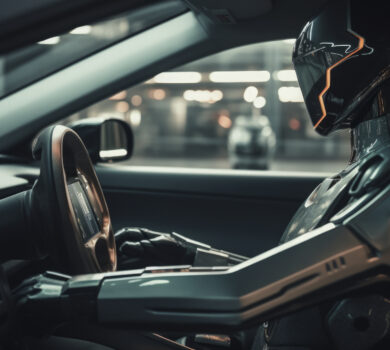 Robot s čiernou prilbou sedí na mieste vodiča auta a drží volant. V pozadí sú rozmazané mestské svetlá.