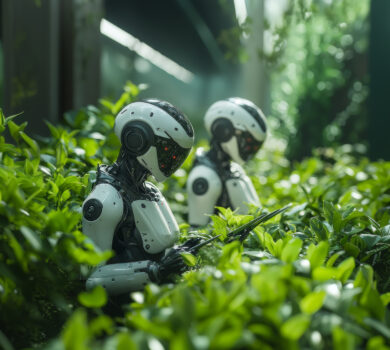 Dva futuristické roboty s moderným dizajnom pracujú v hustej záhrade plnej zelených rastlín. Oba roboty sa sústredene starajú o rastliny, obklopené prírodným prostredím s jemným osvetlením.