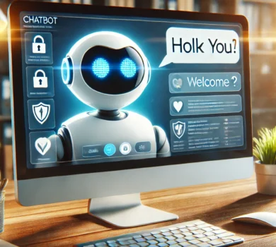 Realistický obraz monitora počítača so zobrazením rozhrania chatbota, ktorý komunikuje s používateľom. Okolo sú nenápadné ikony bezpečnosti, ako zámky a štíty, naznačujúce dôveryhodnosť a ochranu. Monitor je umiestnený na profesionálnom stole s jemnými detailmi kancelárskeho prostredia.