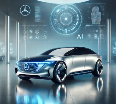 Futuristický koncept luxusného auta so špičkovými prvkami inšpirovanými umelou inteligenciou. Auto má lesklú striebornú a modrú farebnú schému, jemné holografické rozhrania a minimalistický vzhľad bez viditeľných log alebo identifikátorov značky. Je umiestnené na modernom, minimalistickom pozadí s jemným ambientným osvetlením, čím stelesňuje vysoko technologický a inovatívny dojem.