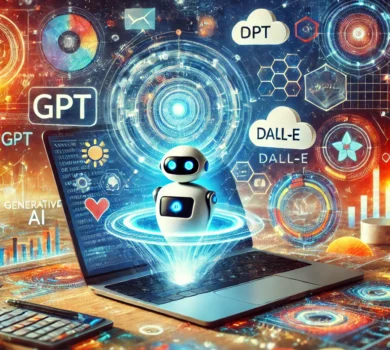 Digitálny pracovný priestor s laptopom, na ktorom je zobrazený chatbot a rozhranie na generovanie obrázkov, symbolizujúce AI modely GPT a DALL-E. Okolo laptopu sú rozptýlené ikony a abstraktné vizuály textu a obrázkov, ktoré sa tvoria v reálnom čase. Pozadie má futuristický vzhľad s pestrými farbami, vyjadrujúcimi kreativitu a technologickú inováciu generatívnej AI.