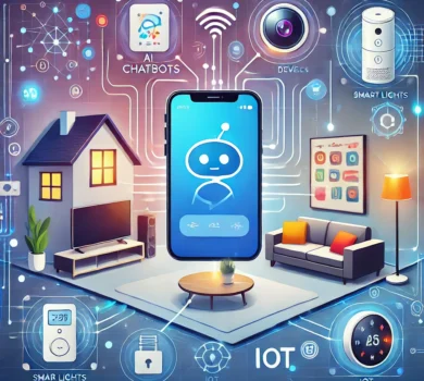 Ilustrácia prepojenia AI chatbota s IoT zariadeniami v inteligentnej domácnosti. Smartphone s digitálnym asistentom ovláda zariadenia ako smart osvetlenie, termostat a bezpečnostnú kameru. Abstraktné línie znázorňujú tok dát medzi zariadeniami, pričom ikony AI a IoT v pozadí zdôrazňujú pohodlie a efektivitu technológie.