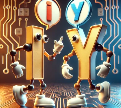 Na obrázku sú realisticky stvárnené písmená „I“ a „Y“ ako postavy s rukami, nohami a výraznými tvárami, ktoré sa hravo naťahujú. „I“ pôsobí sebavedome, zatiaľ čo „Y“ vyzerá odhodlane. V pozadí sú jemné technologické prvky, ako napríklad obvodové vzory a bubliny s symbolmi, čo naznačuje prepojenie s chatbotom. Scéna má živé farby a realistický, no hravý štýl.