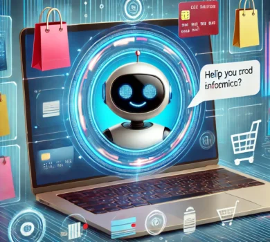 Moderné e-commerce prostredie zobrazujúce elegantné rozhranie chatbotu na obrazovke notebooku, obklopené ikonami nakupovania, ako sú tašky, košíky a kreditné karty. Pozadie má digitálny a futuristický dizajn s jasnými farbami a čistou estetikou. Rozhranie chatbotu zobrazuje priateľskú konverzáciu, ktorá pomáha zákazníkovi s informáciami o produktoch.