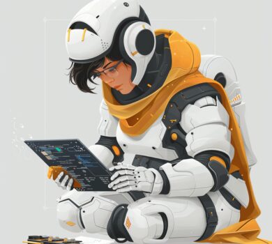 Alternatívny text pre obrázok: „Ilustrácia osoby v futuristickom ochrannom obleku s prvkami robota, ktorá kľačí a pracuje s elektronickou tabuľkou alebo ovládacím panelom. Má tmavé vlasy, okuliare a oranžovú šatku, čo dodáva vzhľadu moderný a technologický nádych. Na zemi sú súčiastky a elektronické komponenty, ktoré naznačujú prácu s technológiou. Celkový dizajn je minimalistický a farebne ladený do bielej, čiernej a oranžovej.