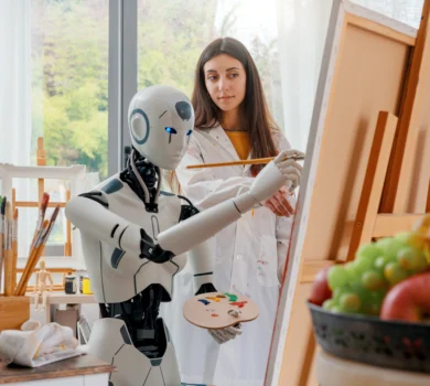 Žena učí humanoidného robota maľovať na plátno, obklopená umeleckými nástrojmi a ovocím na stole.