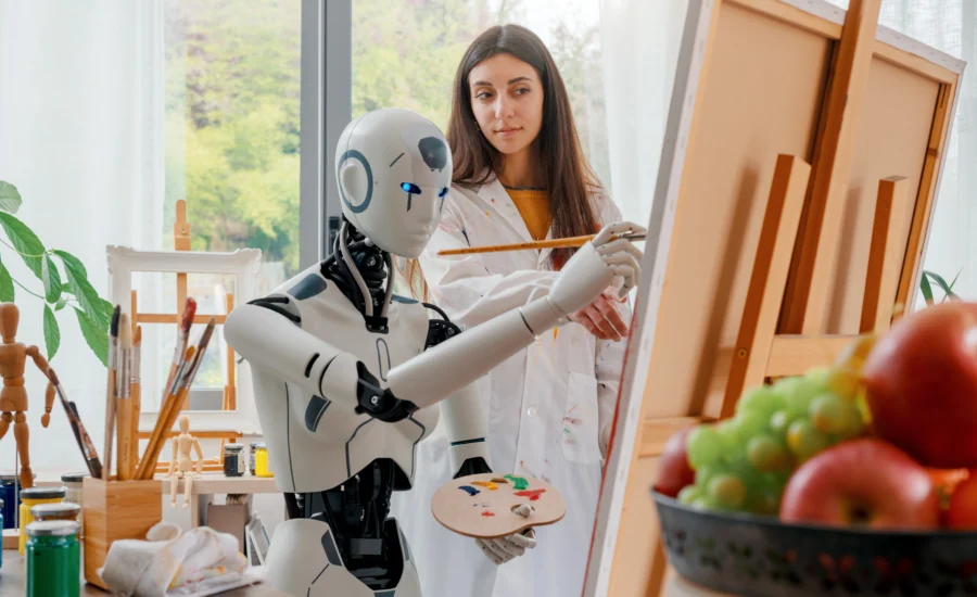 Žena učí humanoidného robota maľovať na plátno, obklopená umeleckými nástrojmi a ovocím na stole.