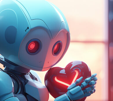 Ilustrácia roztomilého robota držiaceho srdce, symbolizujúca umelú inteligenciu v online zoznamovaní.