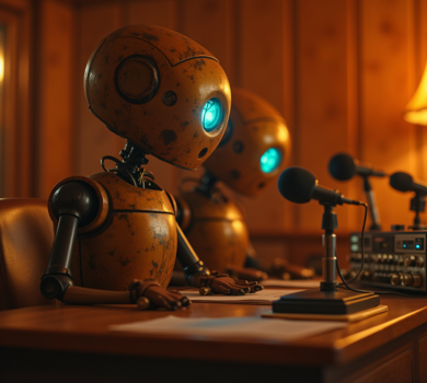 Dva roboty s modro svietiacimi očami sedia v rozhlasovom štúdiu pred mikrofónmi, pripravené moderovať vysielanie.