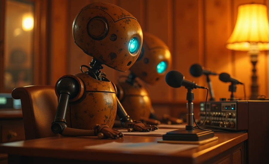 Dva roboty s modro svietiacimi očami sedia v rozhlasovom štúdiu pred mikrofónmi, pripravené moderovať vysielanie.