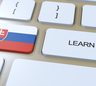 Klávesnica počítača s tlačidlom v podobe slovenskej vlajky a tlačidlom „LEARN“.