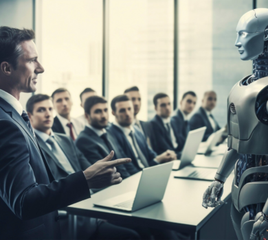 Prednášajúci muž v obleku diskutuje s robotom pred skupinou zamestnancov sediacich za stolmi s notebookmi.