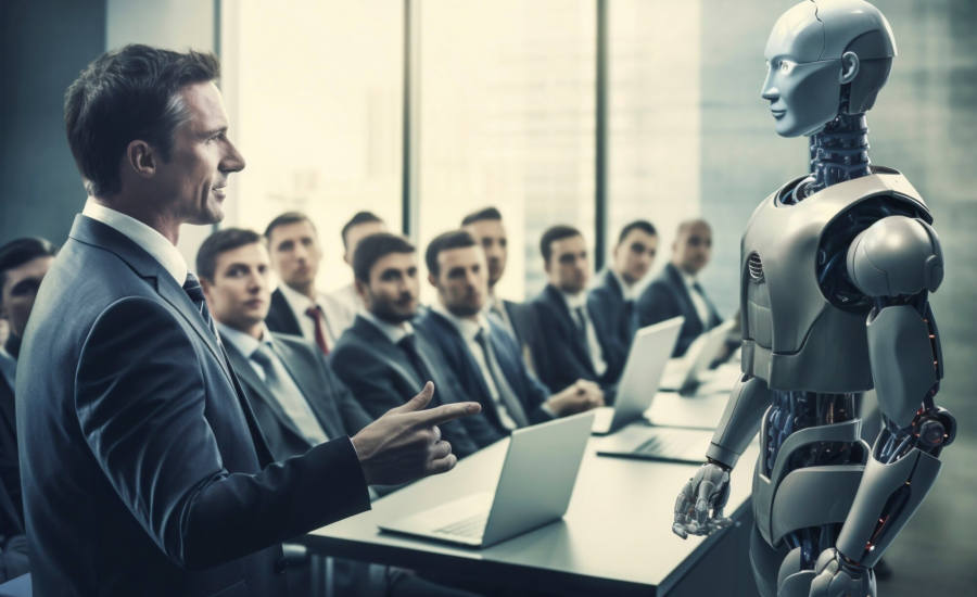 Prednášajúci muž v obleku diskutuje s robotom pred skupinou zamestnancov sediacich za stolmi s notebookmi.