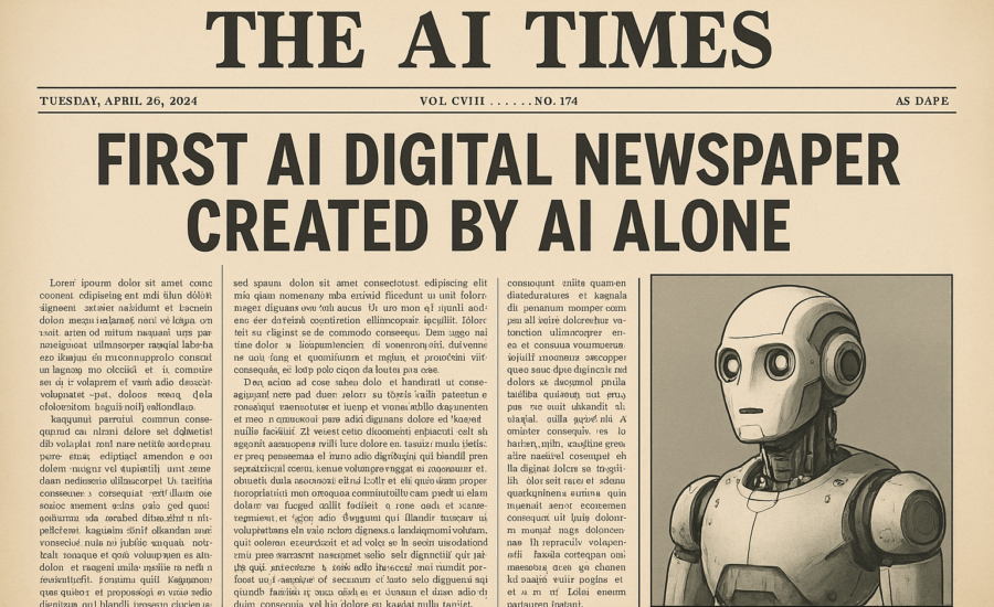 Historická titulka novín s nadpisom „First AI Digital Newspaper Created by AI Alone“ a ilustráciou humanoidného robota – symbolizuje prvé noviny vytvorené výlučne umelou inteligenciou bez zásahu človeka.