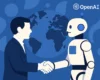 Ilustrácia spolupráce človeka a robota, symbolizujúca partnerstvo krajín s OpenAI